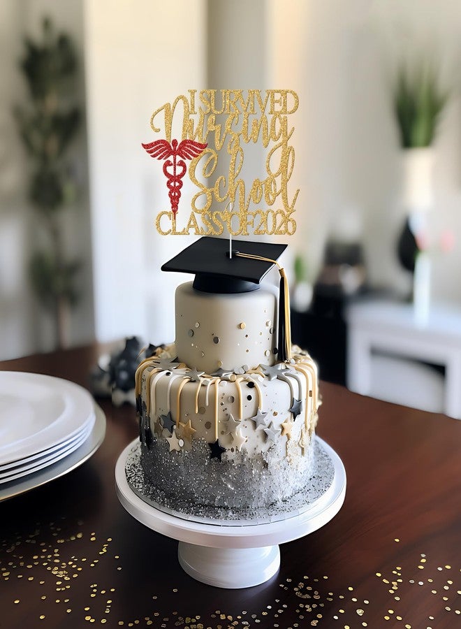 Yotawebery I Survived Nursing School Cake Topper - Class of 2026 Nurse Graduation Decorations - Congrats Nurse RN, Nursing School Graduation Party Decorations, Gold and Red Glitter - Image 5